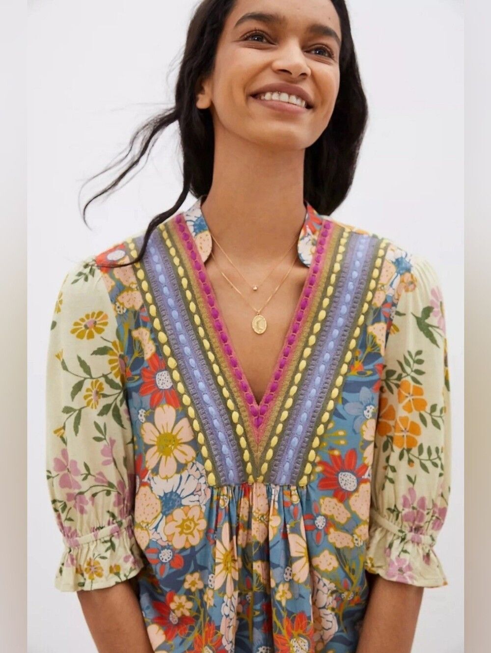 Blank Floral V-Neck Boho Tunic Top in Blue and Cream Anthro XS